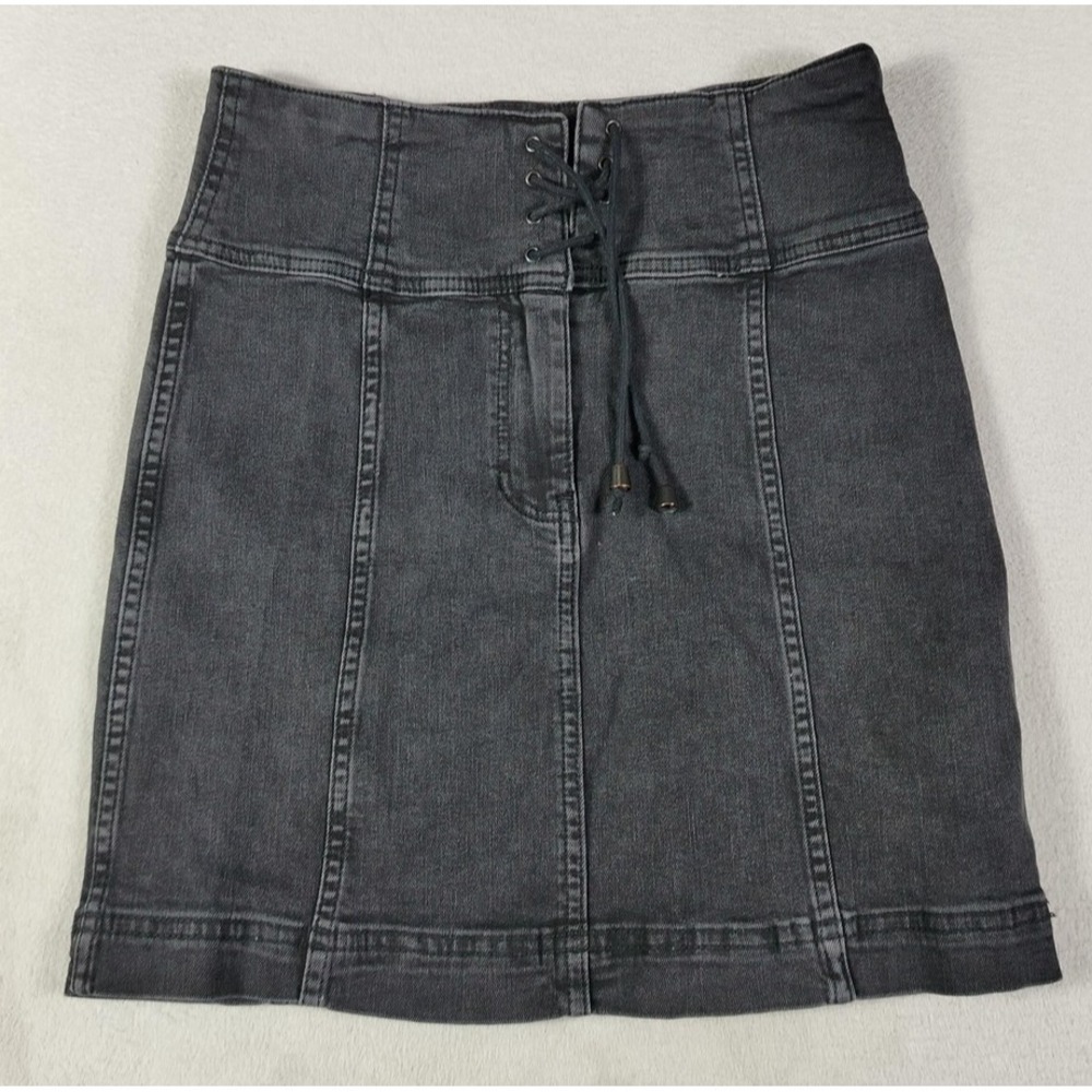 Free People Skirt Womens 8 Charcoal Gray Denim Lace Up High Rise Mini Date Night